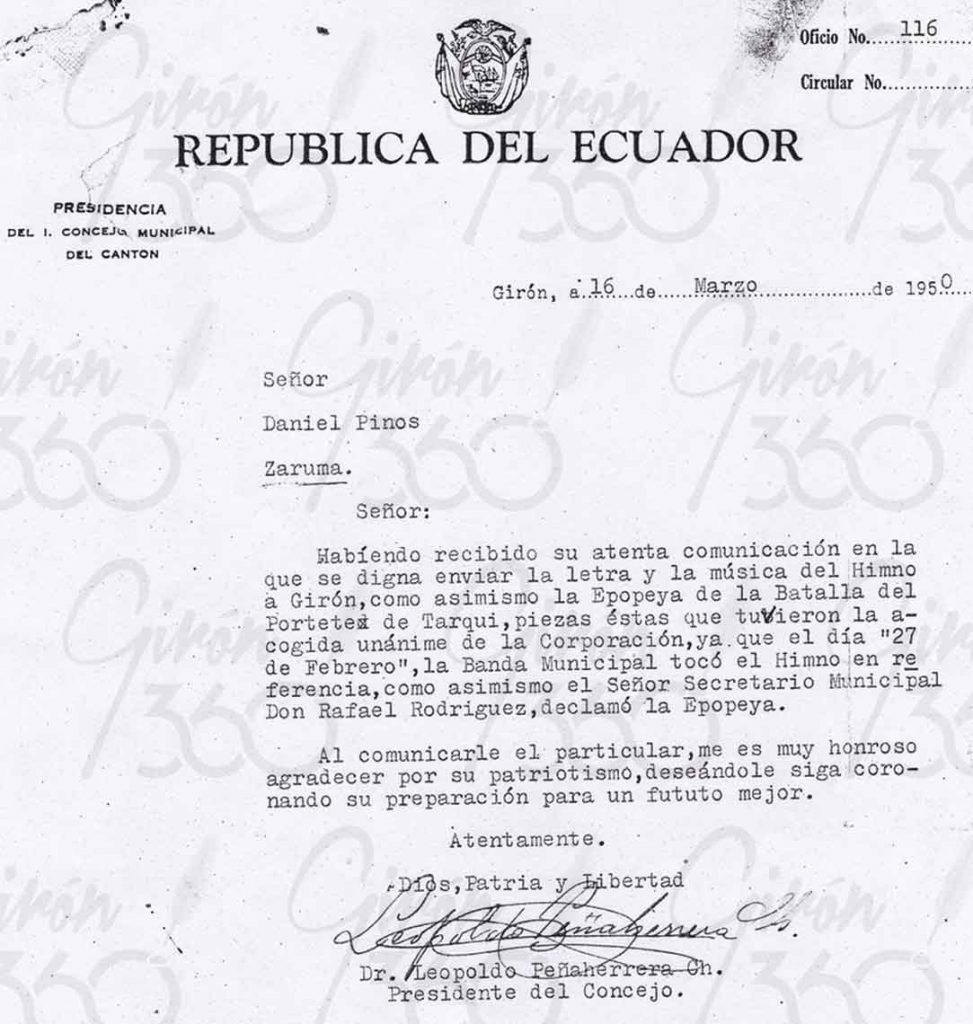 Oficio emitido por el Ilustre Concejo Municipal el 16 de marzo de 1950, informando de la aceptación de la composición del himno a Girón.